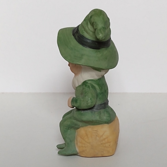 Vintage Ceramic Leprechaun Pixie Elf in Green Figurine Sitting on Barrel - Picture 3 of 9